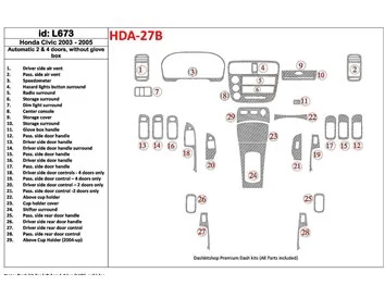 Honda Civic 2003-2005 Boîte Automatique, 2 ou 4 Portes, Sans Glowe-box Intérieur BD Dash Trim Kit - 1