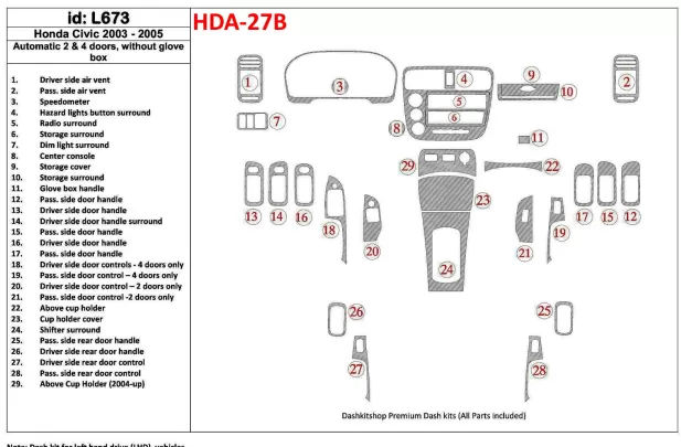 Honda Civic 2003-2005 automatische versnelling, 2 of 4 deuren, zonder glowe-box Interieur BD Dash Trim Kit - 1 Honda Civic 2003-2005 automatische versnelling, 2 of 4 deuren, zonder glowe-box Interieur BD Dash Trim Kit - 1