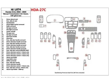 Honda Civic 2003-2005 Boîte de vitesses manuelle, 2 ou 4 portes, avec kit de garniture de tableau de bord intérieur BD - 1