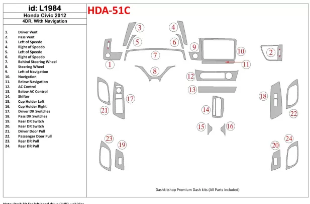 Honda Civic 2012-UP Sedan, With NAVI Interior BD Dash Trim Kit - 1 - Interior Dash Trim Kit Honda Civic 2012-UP Sedan, With NAVI Interior BD Dash Trim Kit - 1 - Interior Dash Trim Kit