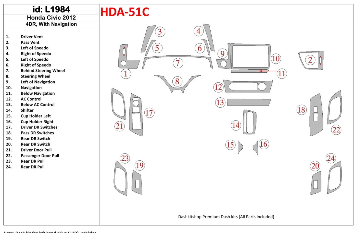 Honda Civic 2012-UP sedan, met NAVI interieur BD dashboardafwerkingsset - 1