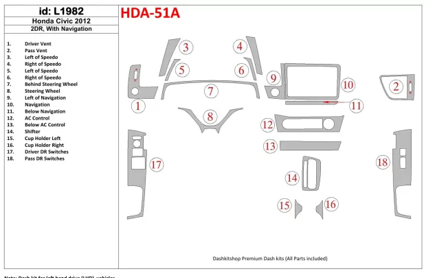 Honda Civic 2012-UP With NAVI Interior BD Dash Trim Kit - 1 - Interior Dash Trim Kit Honda Civic 2012-UP With NAVI Interior BD Dash Trim Kit - 1 - Interior Dash Trim Kit
