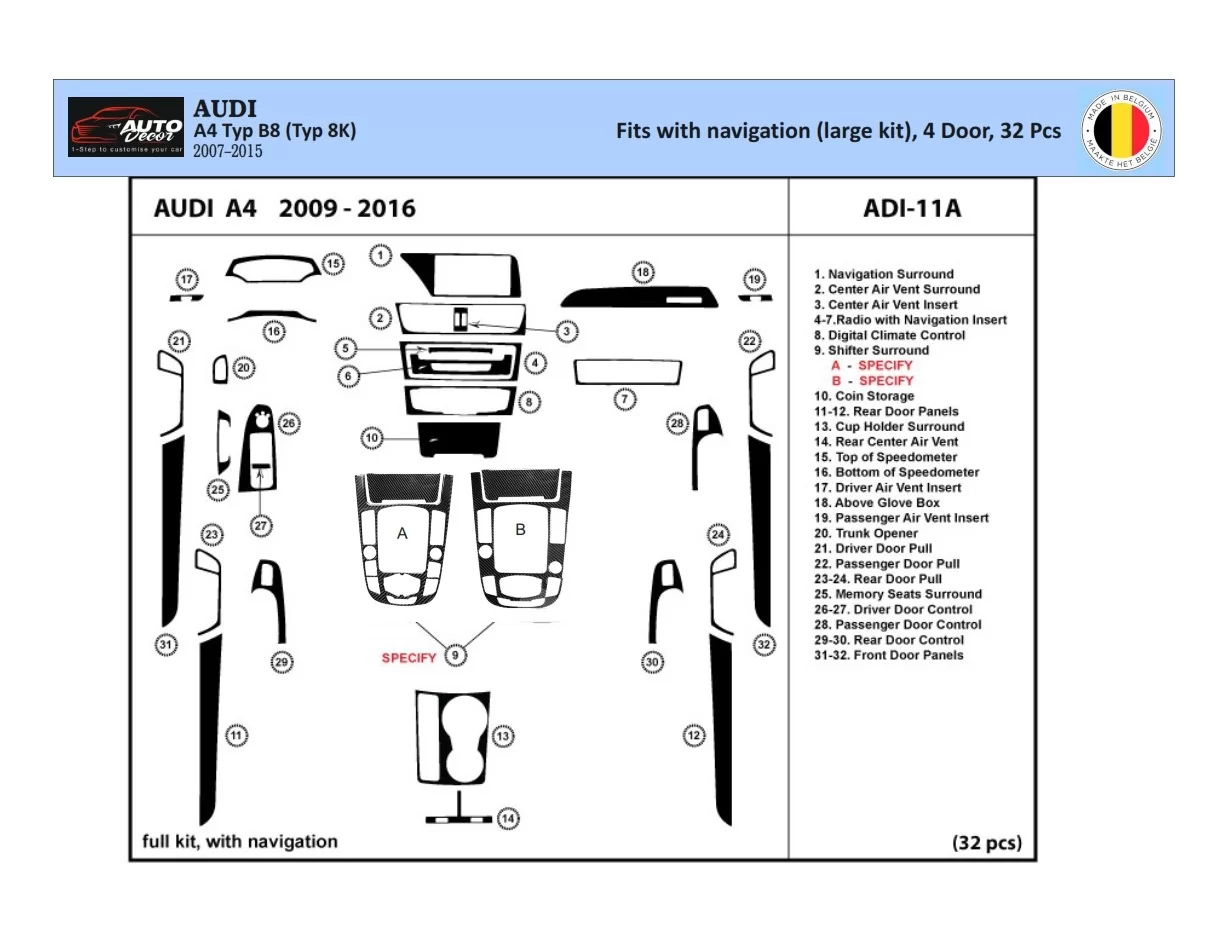 Audi A4 B8 Typ 8K 2007-2015 3D Interior Dashboard Trim Kit Dash Trim Dekor 32-Parts - 1 - Interior Dash Trim Kit