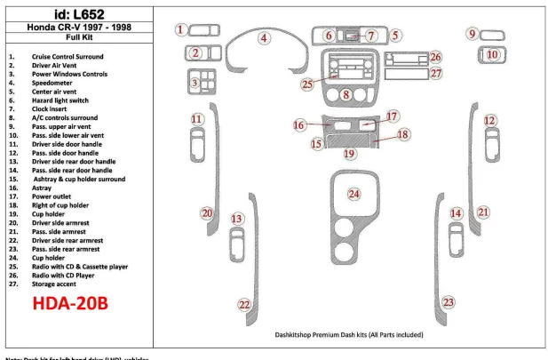 Honda CR-V 1997-1998 Full Set, 27 Pieces, Interior BD Dash Trim Kit - 1 - Interior Dash Trim Kit Honda CR-V 1997-1998 Full Set, 27 Pieces, Interior BD Dash Trim Kit - 1 - Interior Dash Trim Kit
