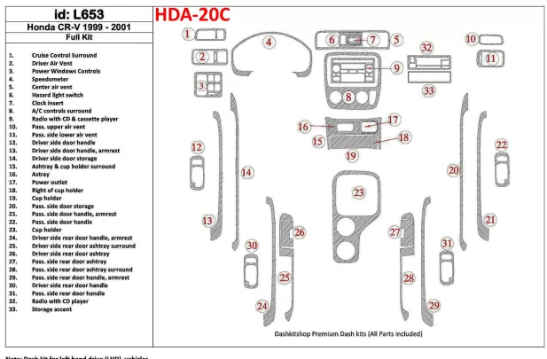 Honda CR-V 1999-2001 Volledige set, 33-delige set Interieur BD Dash Trim Kit - 1