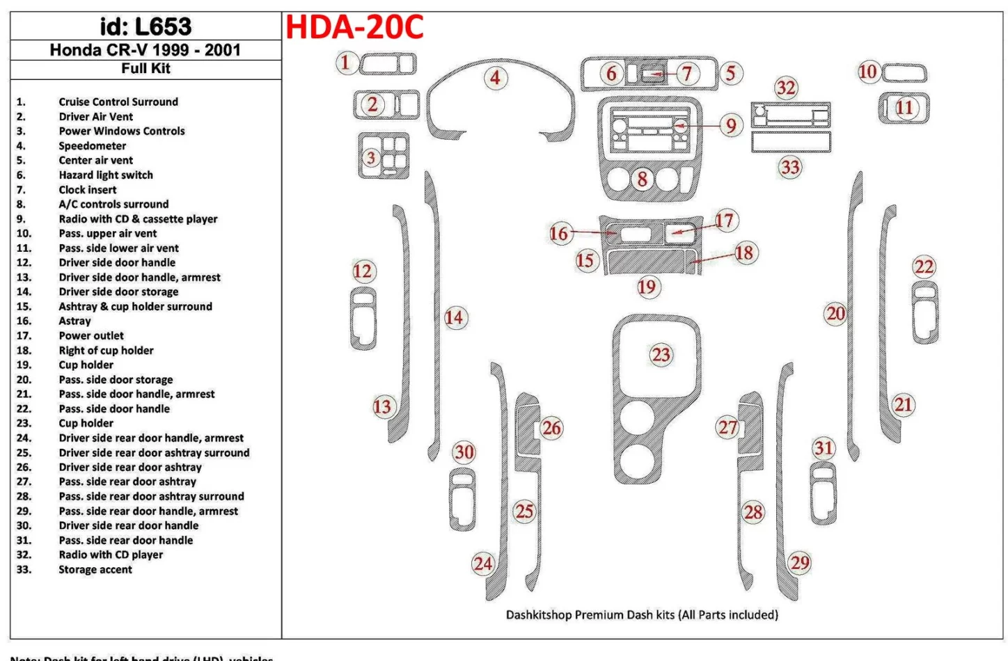 Honda CR-V 1999-2001 Volledige set, 33-delige set Interieur BD Dash Trim Kit - 1