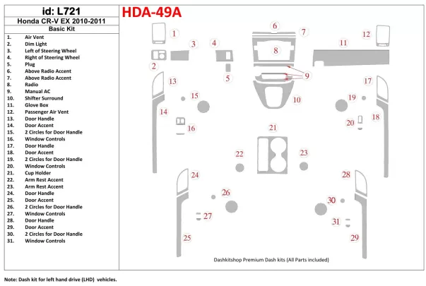 Honda CR-V 2010-UP Basic Set, EX Model Interior BD Dash Trim Kit - 1 - Interior Dash Trim Kit Honda CR-V 2010-UP Basic Set, EX Model Interior BD Dash Trim Kit - 1 - Interior Dash Trim Kit