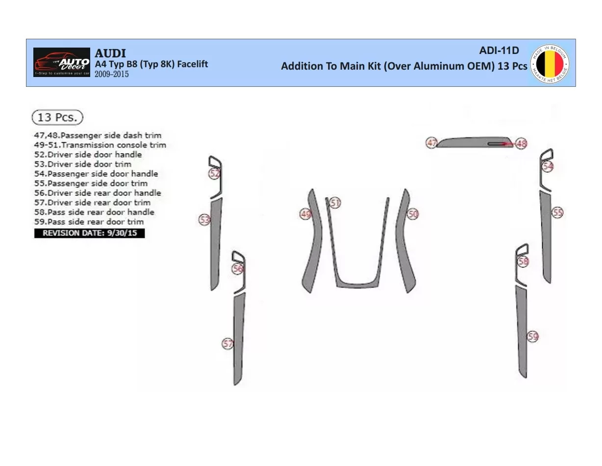 Audi A4 B8 Typ 8K 2009-2015 Kit de garnitures de tableau de bord intérieur 3D Dash Trim Dekor 13-Parts - 1