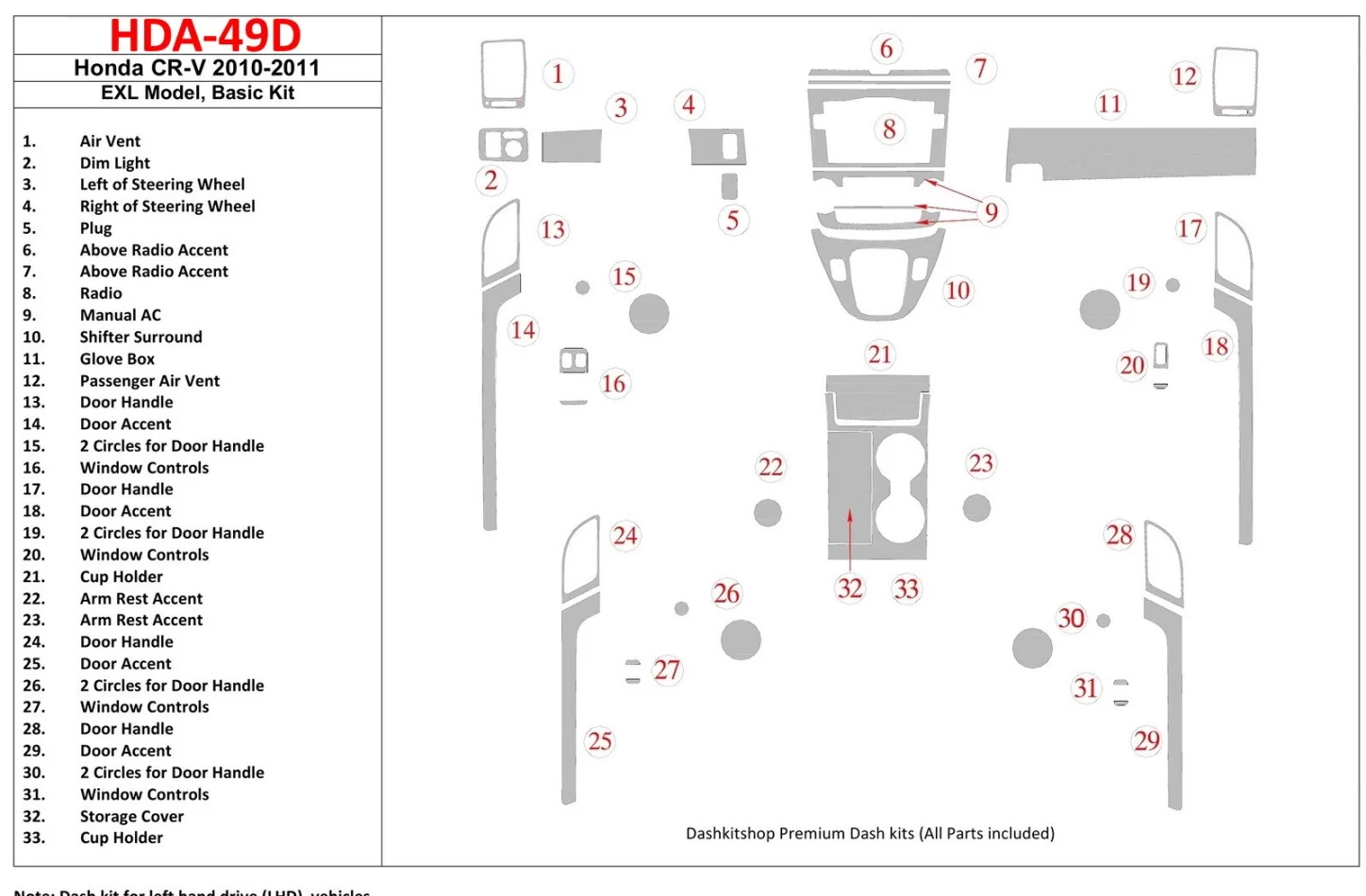 Honda CR-V 2010-UP Basisset, EXL Model Interieur BD Dash Trim Kit - 1