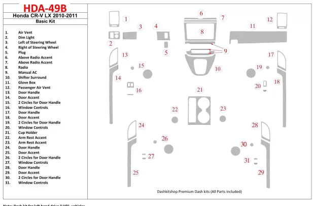 Honda CR-V 2010-UP Basic Set, LX Model Interior BD Dash Trim Kit - 1 - Interior Dash Trim Kit