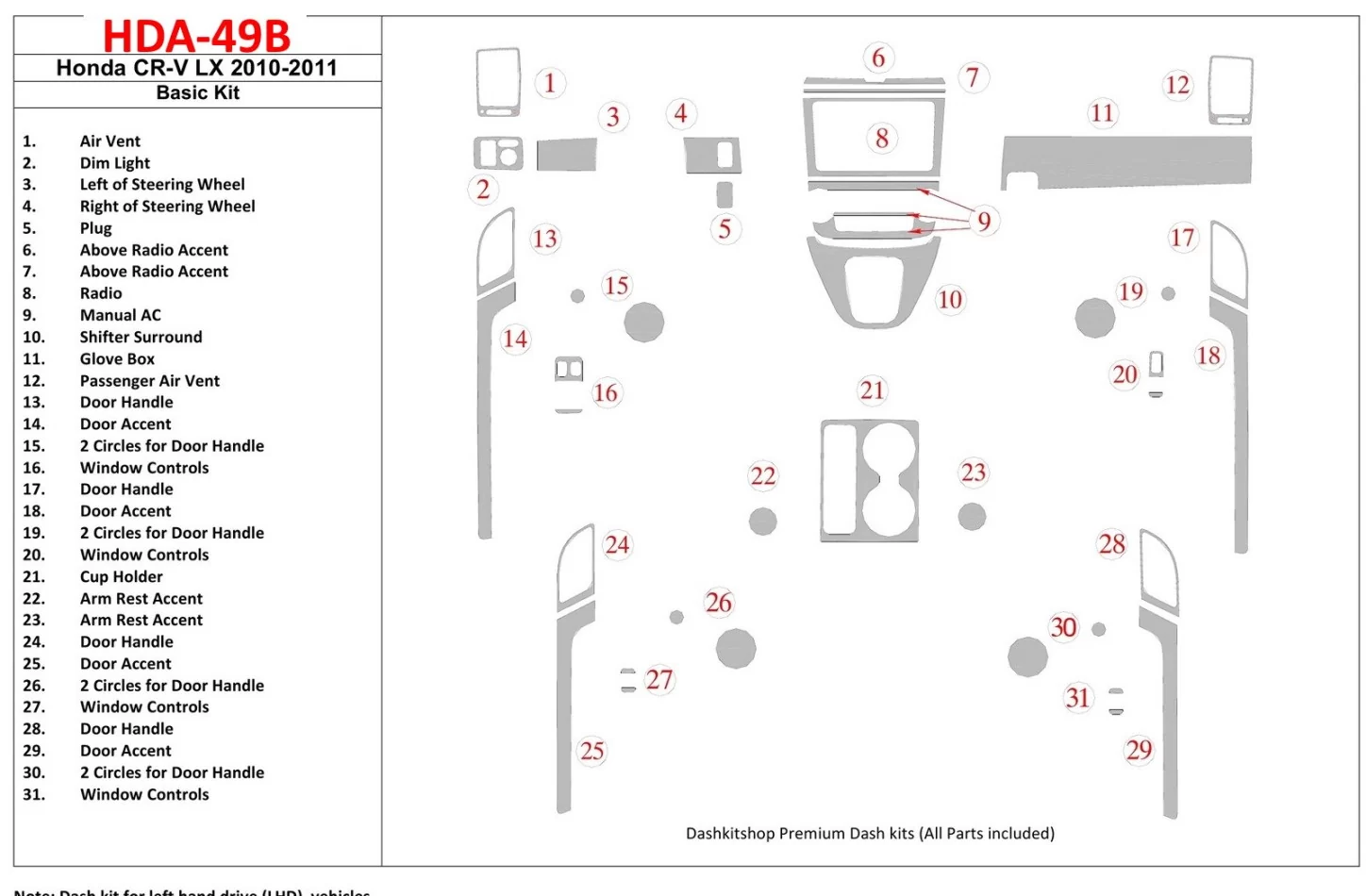 Honda CR-V 2010-UP Basic Set, LX Model Interior BD Dash Trim Kit - 1 - Interior Dash Trim Kit