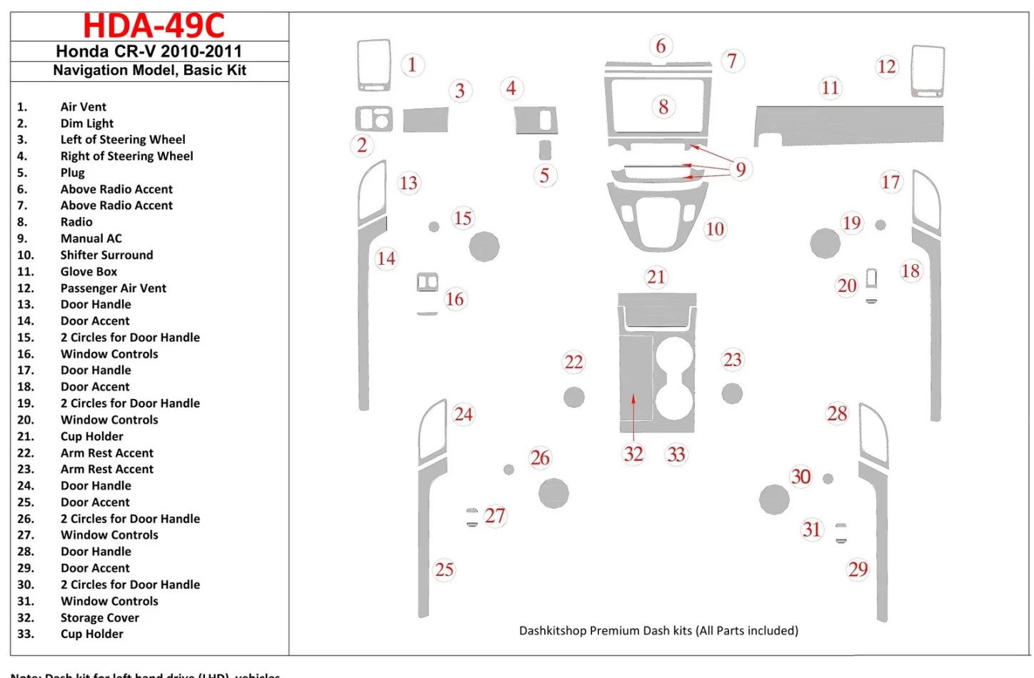 Kit de base Honda CR-V 2010-UP, intérieur du modèle de navigation BD Dash Trim Kit - 1