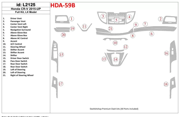 Ensemble complet Honda CR-V 2015-UP, kit de garniture de tableau de bord BD intérieur modèle LX - 1 Ensemble complet Honda CR-V 2015-UP, kit de garniture de tableau de bord BD intérieur modèle LX - 1