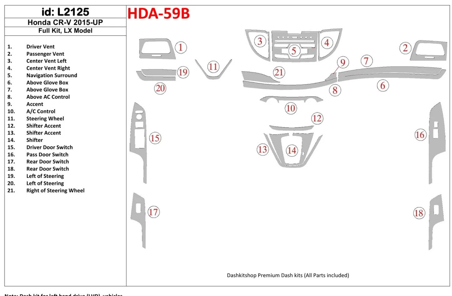 Ensemble complet Honda CR-V 2015-UP, kit de garniture de tableau de bord BD intérieur modèle LX - 1
