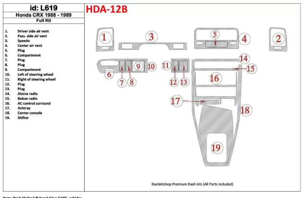 Honda CRX 1988-1989 Kit complet de garnitures de tableau de bord intérieur BD - 1 Honda CRX 1988-1989 Kit complet de garnitures de tableau de bord intérieur BD - 1