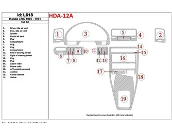 Honda CRX 1990-1991 Ensemble complet, ensemble de 19 pièces Kit de garniture de tableau de bord intérieur BD - 1