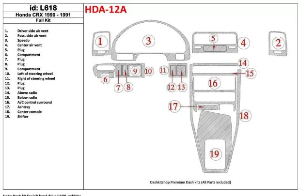Honda CRX 1990-1991 Full Set, 19 Parts set Interior BD Dash Trim Kit - 1 - Interior Dash Trim Kit Honda CRX 1990-1991 Full Set, 19 Parts set Interior BD Dash Trim Kit - 1 - Interior Dash Trim Kit
