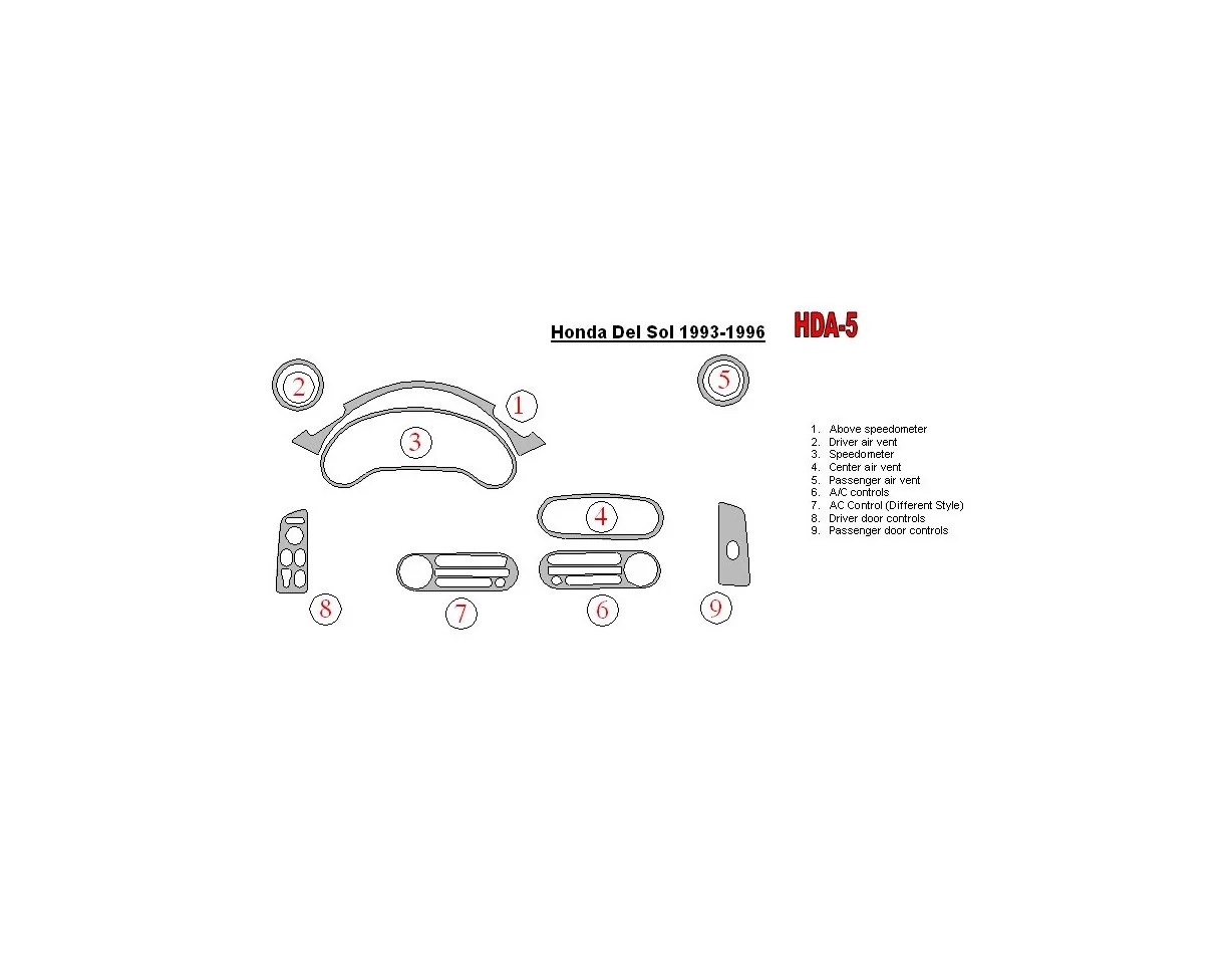Honda DelSol 1993-1996 Ensemble complet de garnitures de tableau de bord intérieur BD - 1