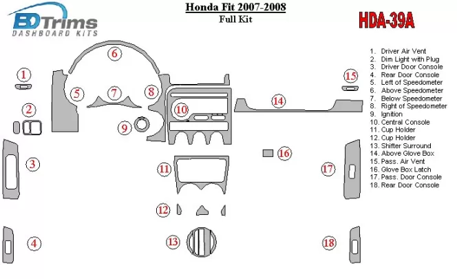 Honda Fit 2007-2008 volledige set interieur BD dash trim kit - 1 Honda Fit 2007-2008 volledige set interieur BD dash trim kit - 1
