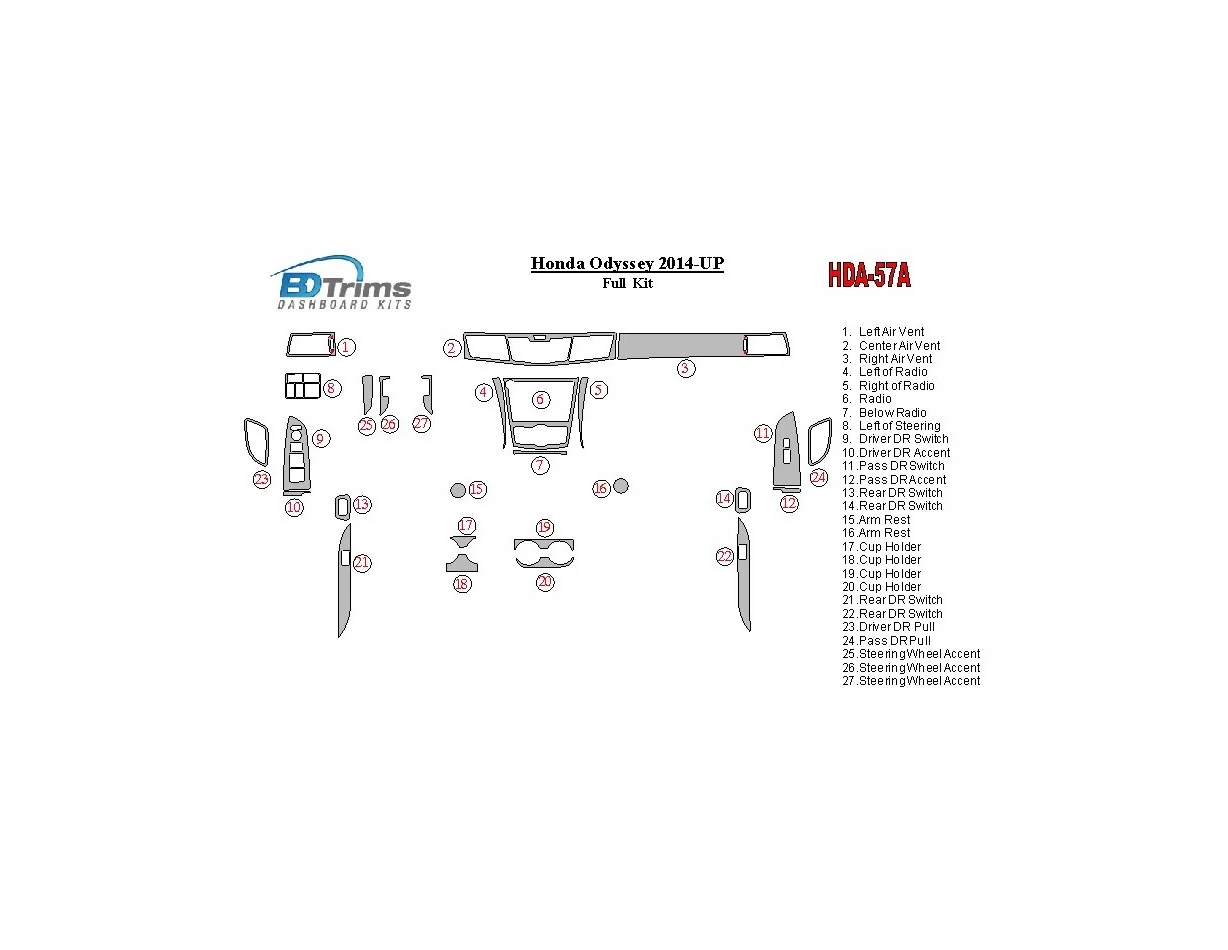 Honda Odyssey 2014-UP Kit complet de garnitures de tableau de bord intérieur BD - 1