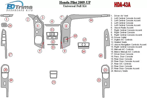 Honda Pilot 2009-UP Universal Full Set Interieur BD Dash Trim Kit - 1 Honda Pilot 2009-UP Universal Full Set Interieur BD Dash Trim Kit - 1