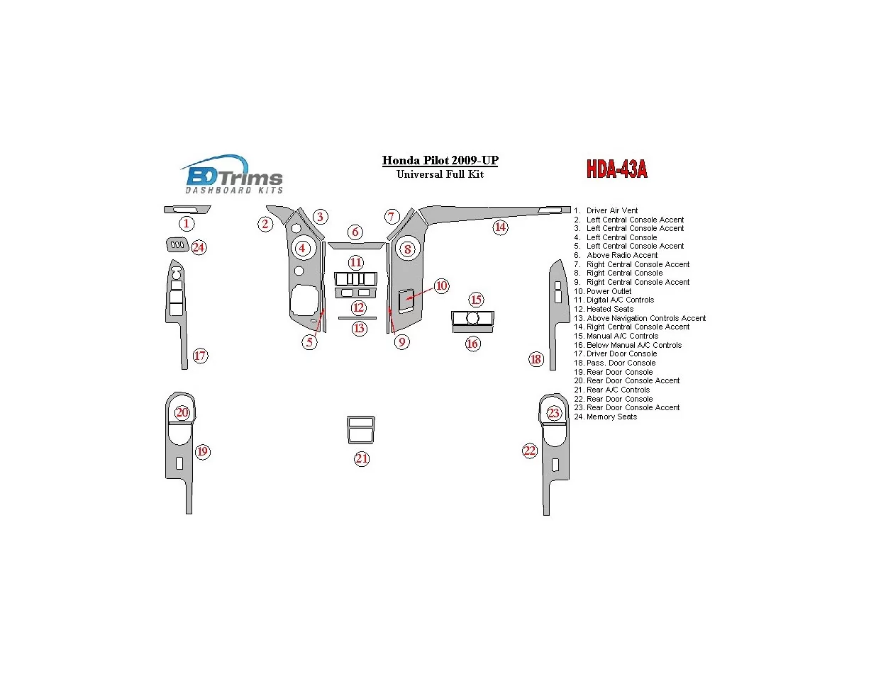 Honda Pilot 2009-UP Universal Full Set Interieur BD Dash Trim Kit - 1