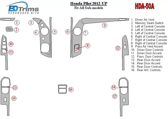 Honda Pilot 2012-UP Kit de garnitures de tableau de bord intérieur BD - 1