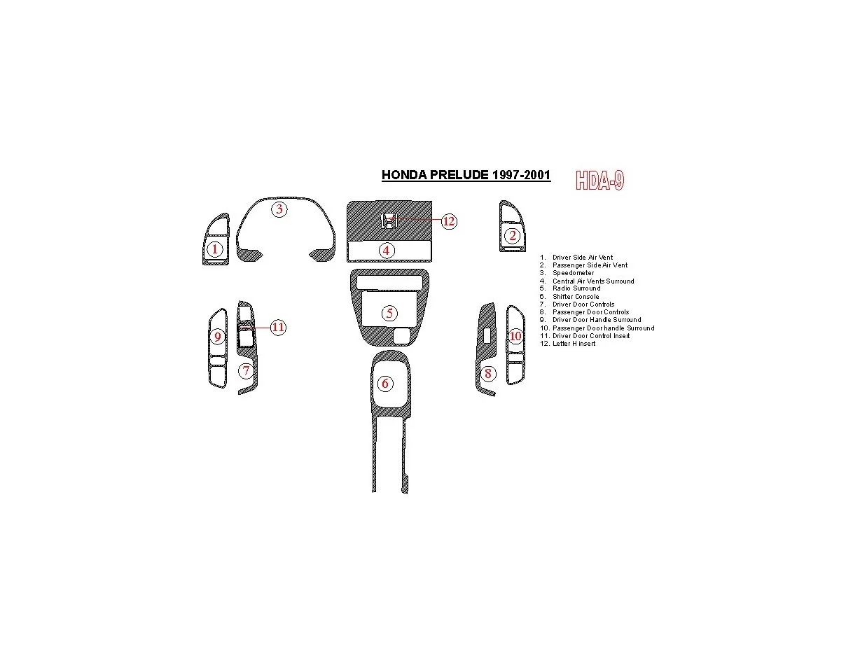 Honda Prelude 1997-2001 Ensemble complet de garnitures de tableau de bord intérieur BD - 1