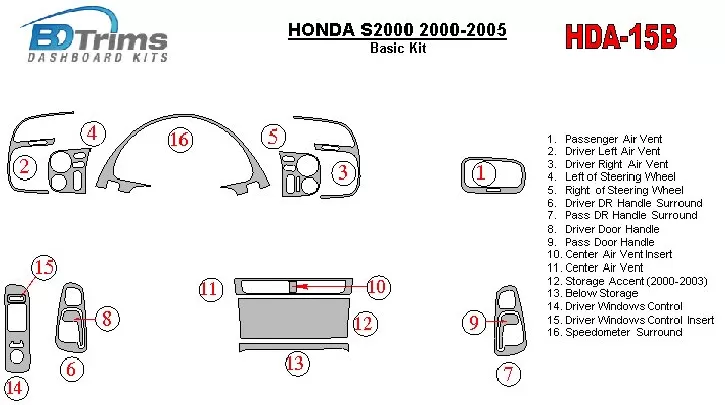 Honda S2000 2000-2005 Kit de garniture de tableau de bord intérieur BD de base - 1