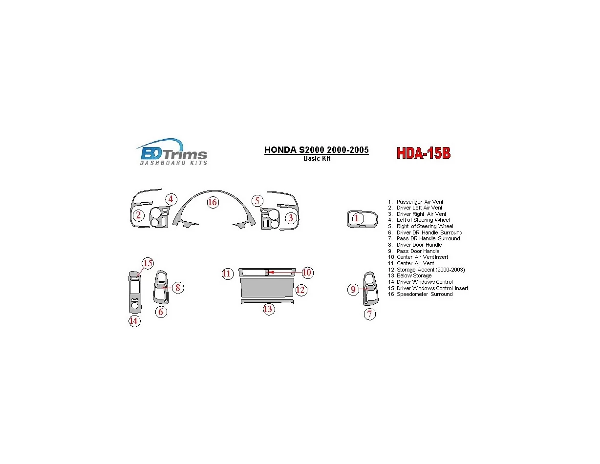 Honda S2000 2000-2005 Kit de garniture de tableau de bord intérieur BD de base - 1