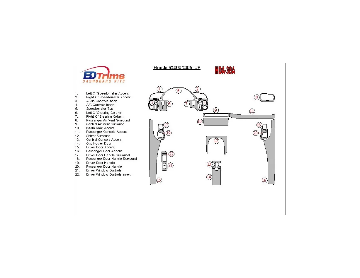 Honda S2000 2006-UP Ensemble complet de garnitures de tableau de bord intérieur BD - 1