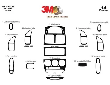 Hyundai Accent 01.01-12.05 Kit de garniture de tableau de bord intérieur 3D Dash Trim Dekor 14-Parts