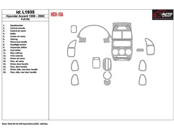 Hyundai Accent 2000-2000 Ensemble complet, ensemble de 18 pièces Kit de garniture de tableau de bord intérieur BD - 1