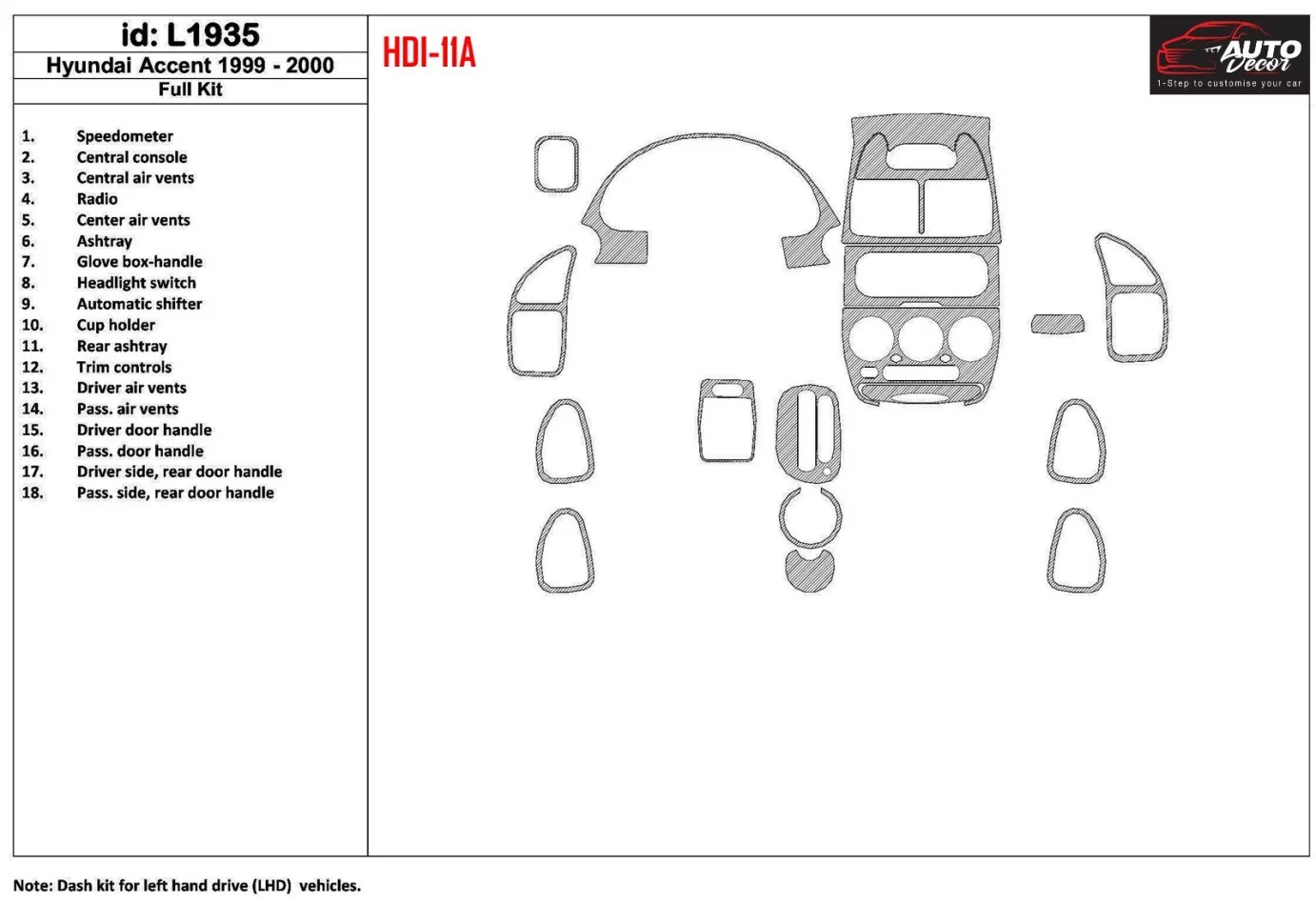 Hyundai Accent 2000-2000 Ensemble complet, ensemble de 18 pièces Kit de garniture de tableau de bord intérieur BD - 1