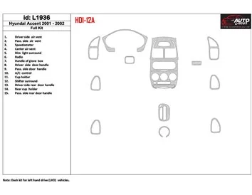 Hyundai Accent 2001-2002 Ensemble complet, ensemble de 15 pièces Kit de garniture de tableau de bord intérieur BD - 1