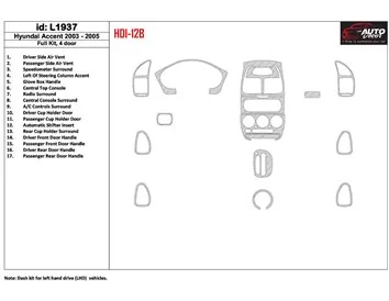 Hyundai Accent 2003-2005 Ensemble complet, ensemble de 15 pièces Kit de garniture de tableau de bord intérieur BD - 1