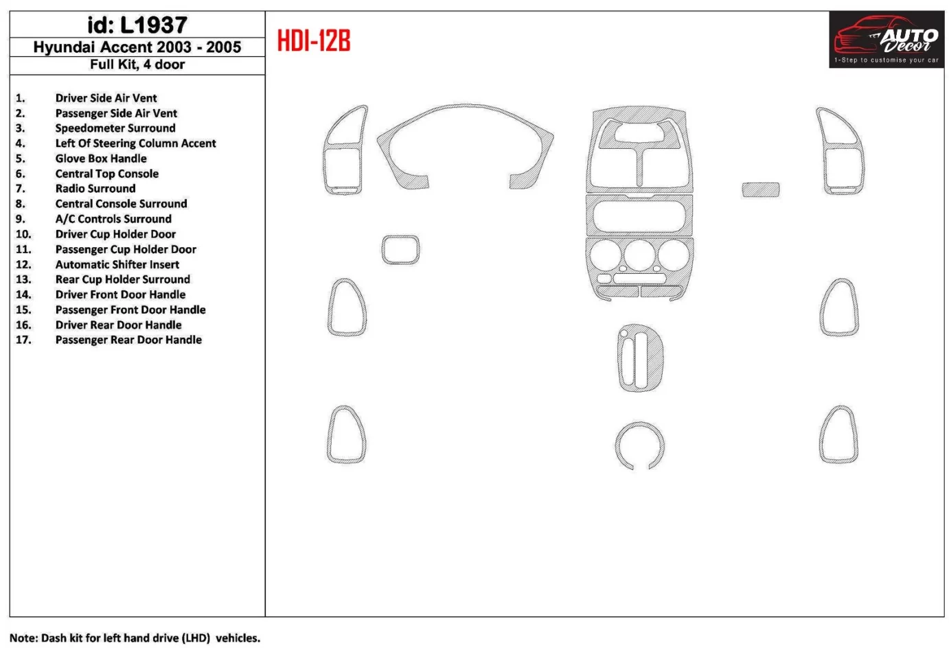 Hyundai Accent 2003-2005 Ensemble complet, ensemble de 15 pièces Kit de garniture de tableau de bord intérieur BD - 1