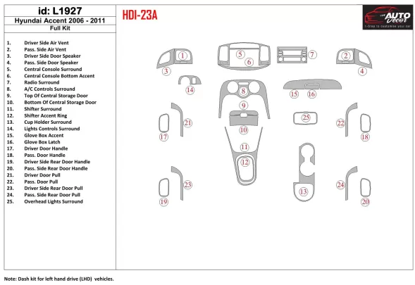 Hyundai Accent 2006-2011 Ensemble complet de garnitures de tableau de bord intérieur BD - 1