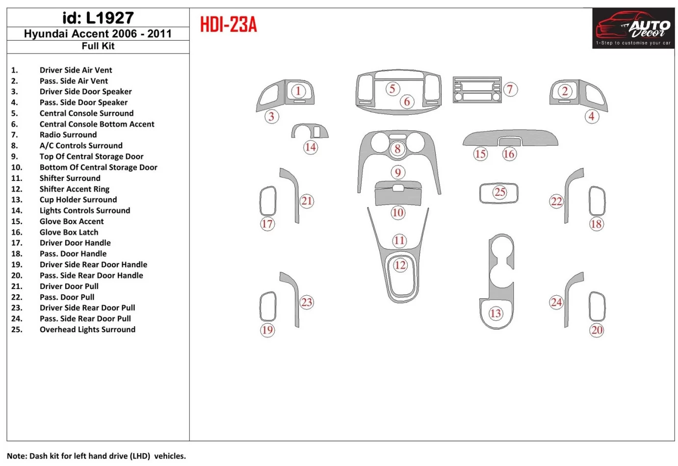 Hyundai Accent 2006-2011 Ensemble complet de garnitures de tableau de bord intérieur BD - 1