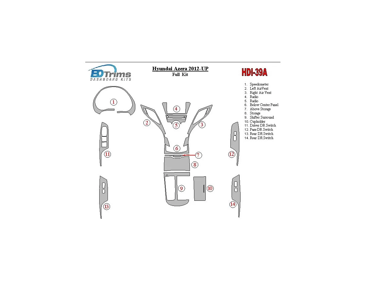Hyundai Azera/Grandeur 2012-UP Kit de garnitures de tableau de bord intérieur BD - 1