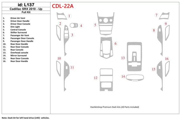 Cadillac SRX 2010-UP Kit de garniture de tableau de bord intérieur BD complet - 1 Cadillac SRX 2010-UP Kit de garniture de tableau de bord intérieur BD complet - 1