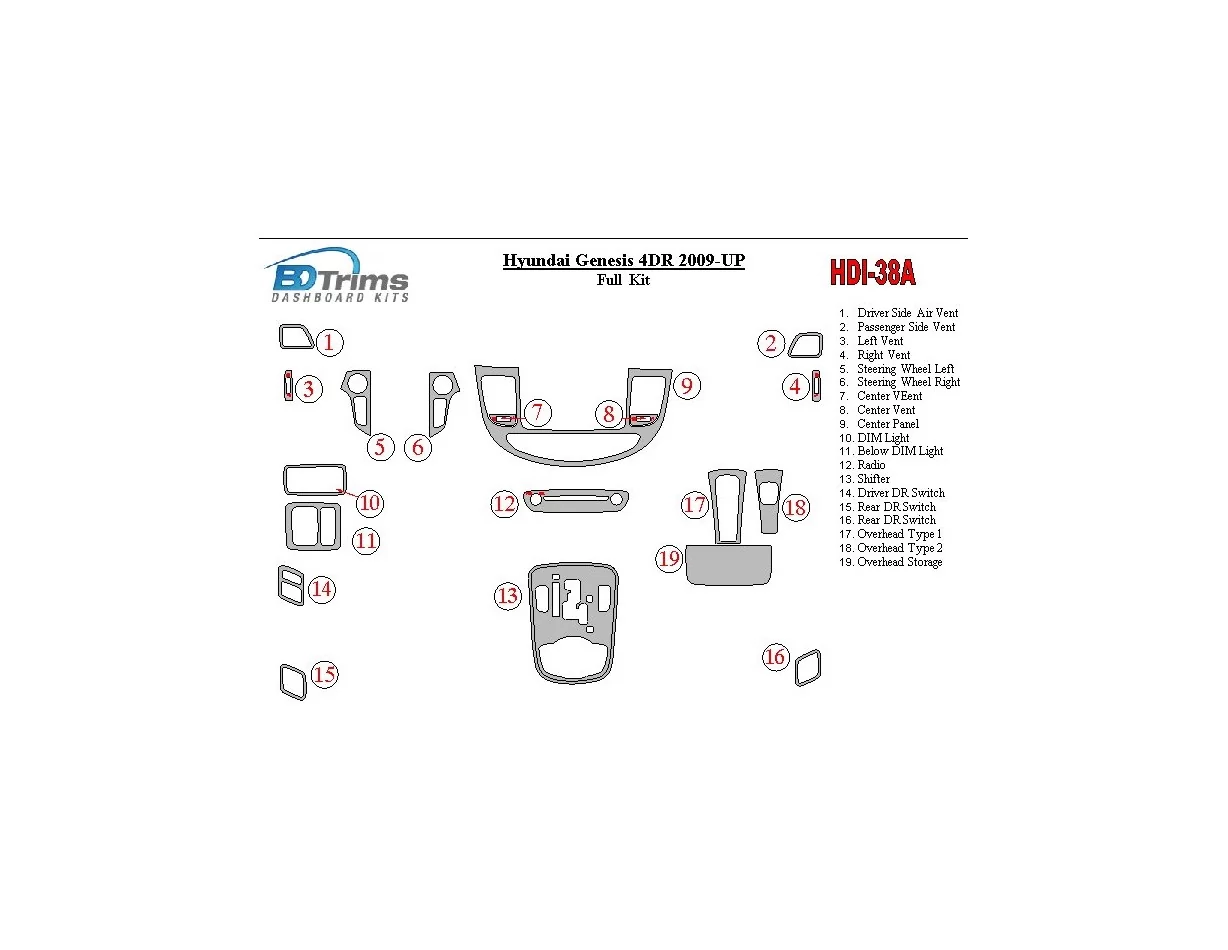 Hyundai Genesis 4DR 2009-UP Interior BD Dash Trim Kit - 1 - Interior Dash Trim Kit