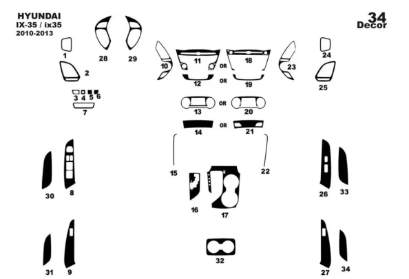Hyundai ix35 2010-2013 Kit de garniture de tableau de bord intérieur 3D Dash Trim Dekor 34-Parts - 1