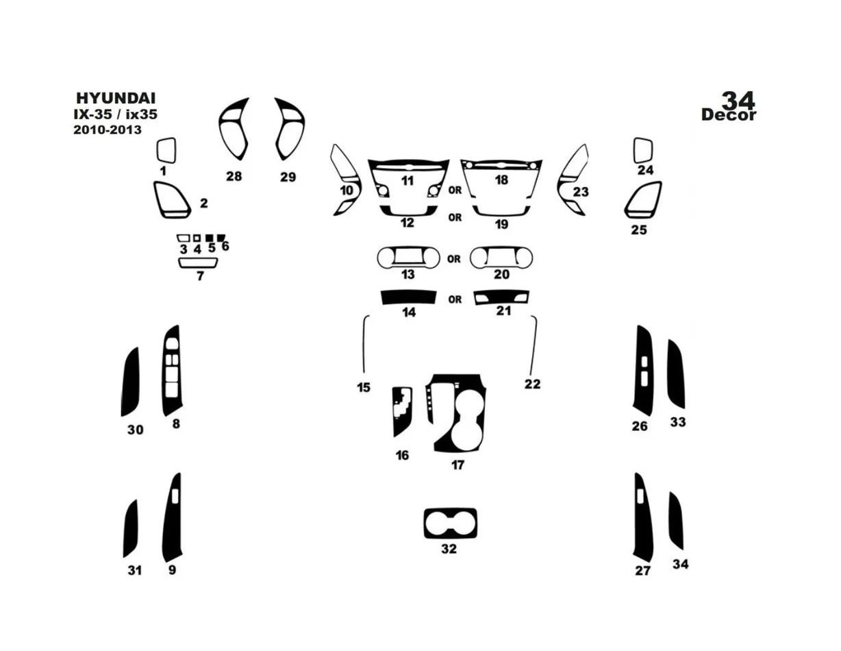 Hyundai ix35 2010-2013 Kit de garniture de tableau de bord intérieur 3D Dash Trim Dekor 34-Parts - 1