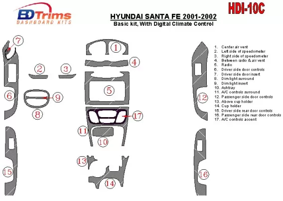 Hyundai Santa Fe 2001-2002 Basic Set, With Automatic Climate Control, 17 Parts set Interior BD Dash Trim Kit - 1 Hyundai Santa Fe 2001-2002 Basic Set, With Automatic Climate Control, 17 Parts set Interior BD Dash Trim Kit - 1