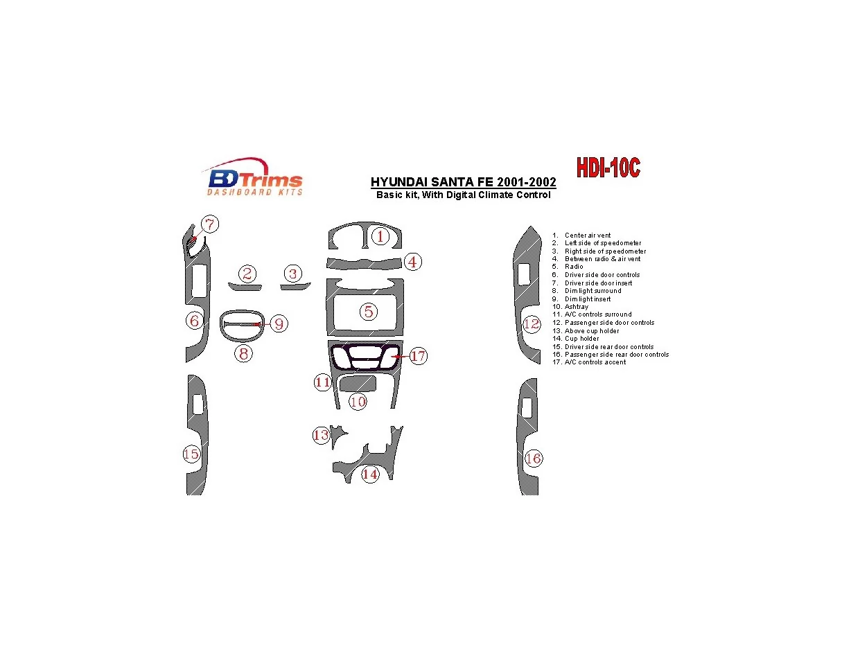 Hyundai Santa Fe 2001-2002 Basic Set, With Automatic Climate Control, 17 Parts set Interior BD Dash Trim Kit - 1 - Interior Dash