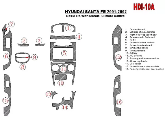 Ensemble de base Hyundai Santa Fe 2001-2002, avec boîte de vitesses manuelle, climatisation, ensemble de 16 pièces Kit de garnit