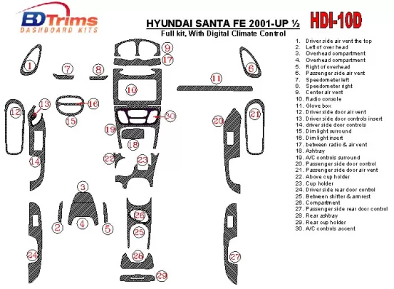 Hyundai Santa Fe 2001-2002 Full Set, With Automatic Climate Control, 30 Parts set Interior BD Dash Trim Kit - 1 Hyundai Santa Fe 2001-2002 Full Set, With Automatic Climate Control, 30 Parts set Interior BD Dash Trim Kit - 1