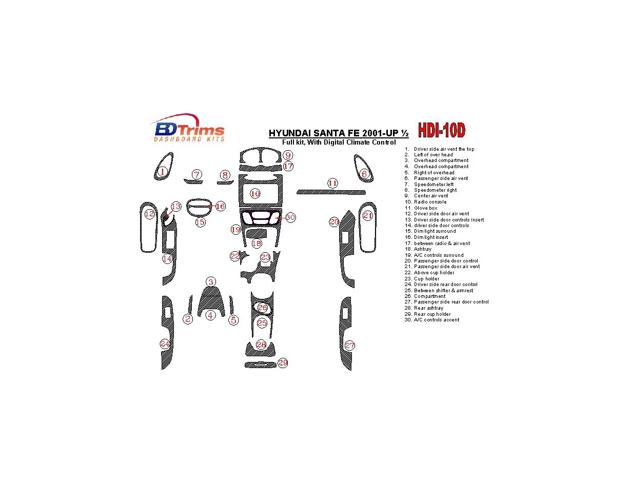 Hyundai Santa Fe 2001-2002 Full Set, With Automatic Climate Control, 30 Parts set Interior BD Dash Trim Kit - 1 - Interior Dash 