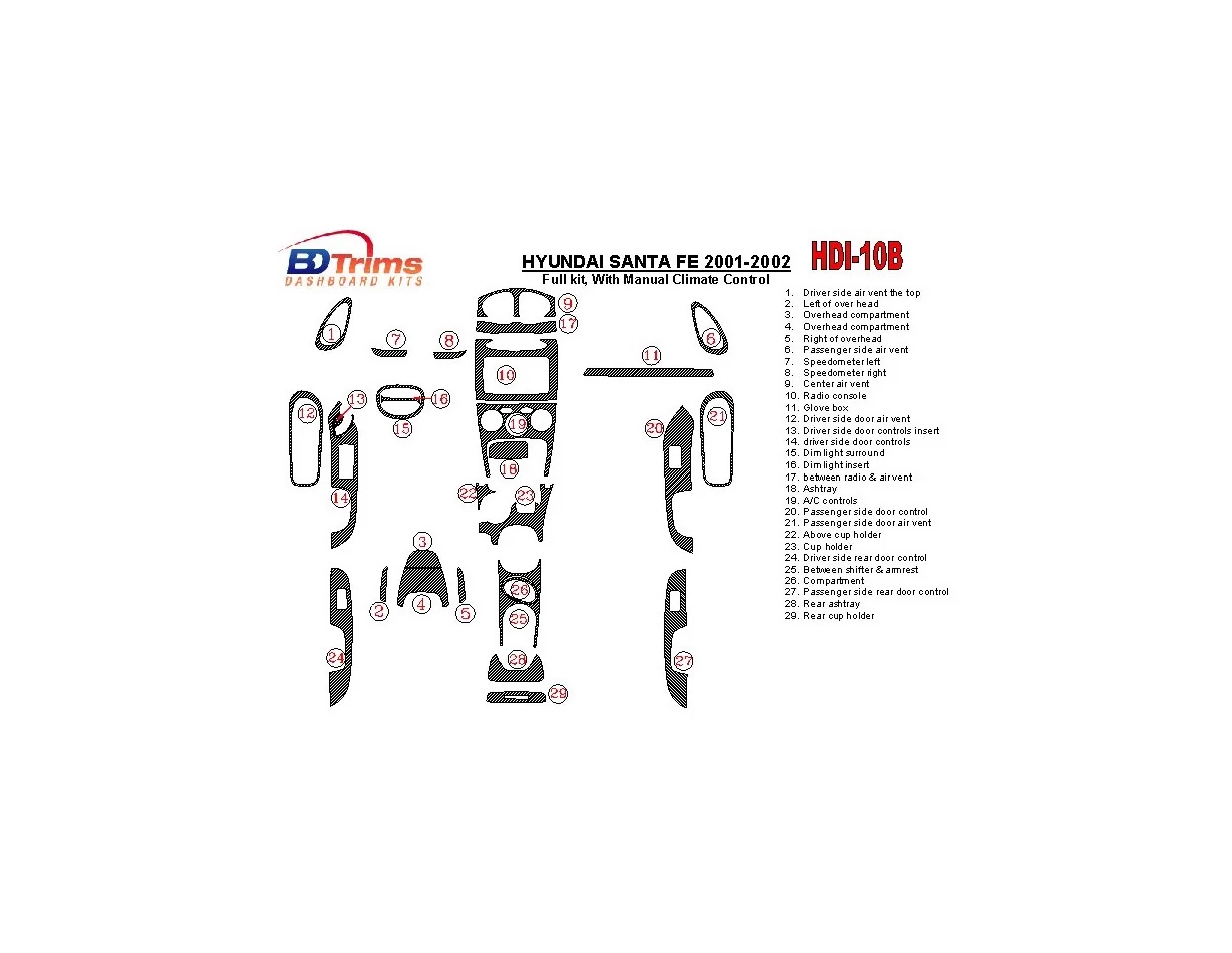 Hyundai Santa Fe 2001-2002 Full Set, With Manual Gearbox, Climate Control, 29 Parts set Interior BD Dash Trim Kit - 1